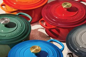 Le Creuset cast iron cookware in different colors and sizes