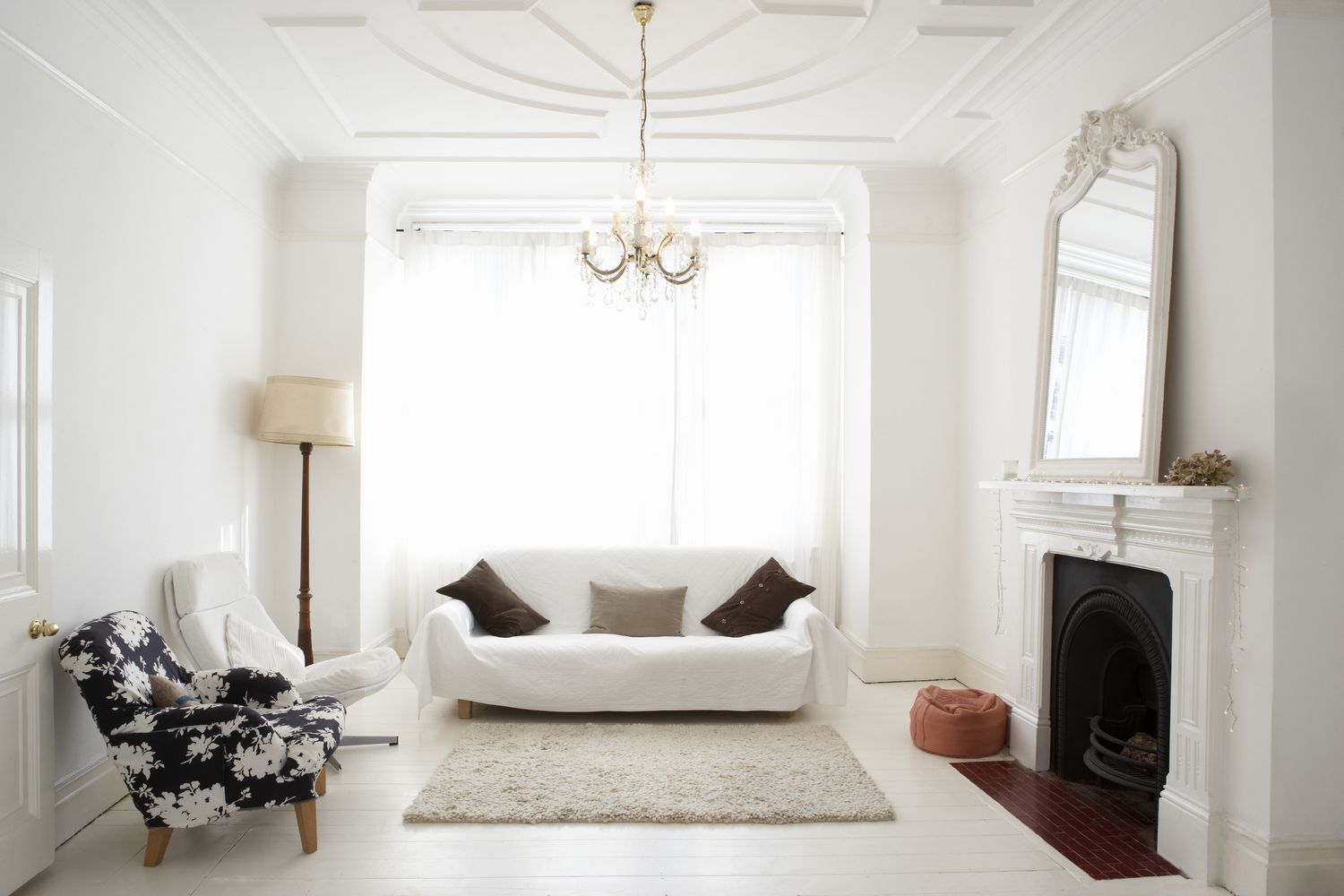 White painted wood floor in elegant living room