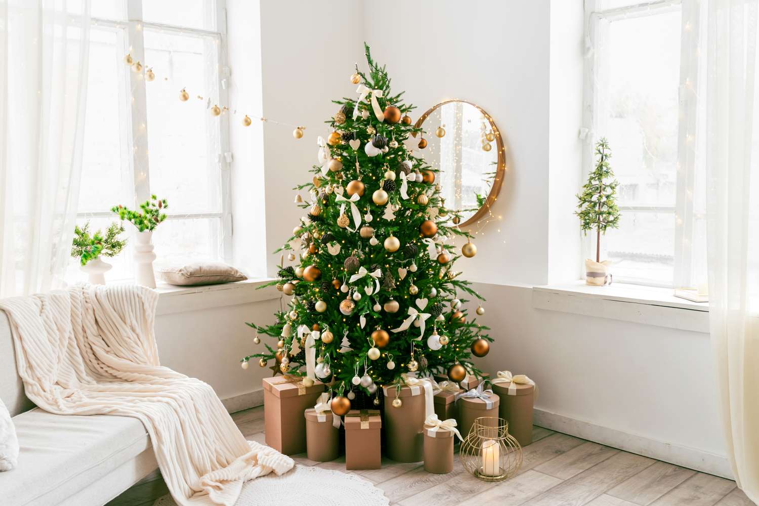 A decorated Christmas tree surrounded by wrapped gifts in a bright cozy room