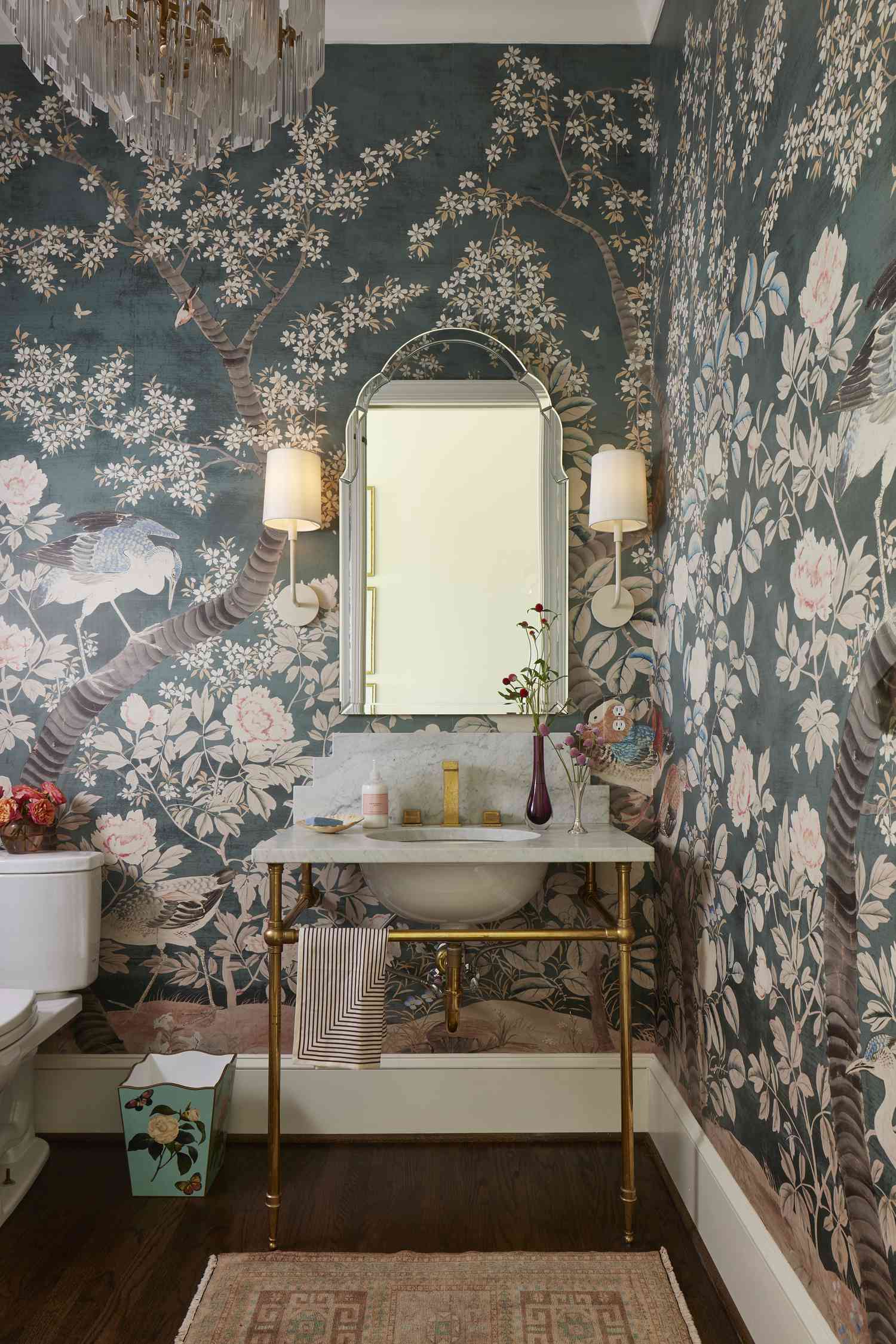 powder bath with marble sink and chinoiserie wallpaper