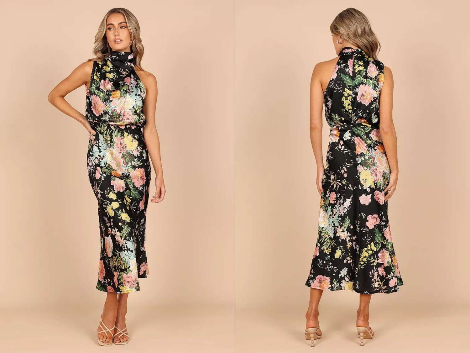 Woman modeling a floral midi dress front and back view shown