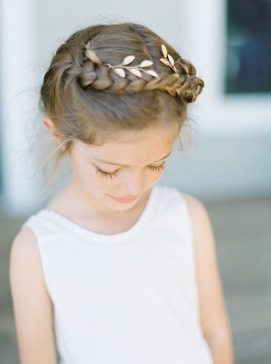 Flower Girl Hairstyle Crown Braid with Gold Leaves