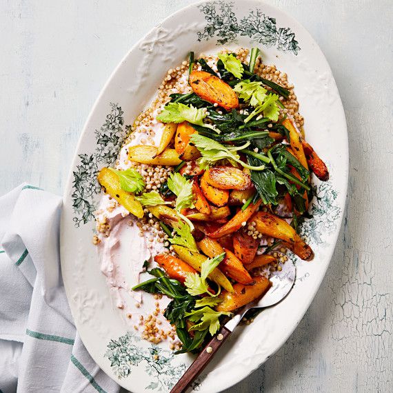 sorghum salad with carrots dandelion greens
