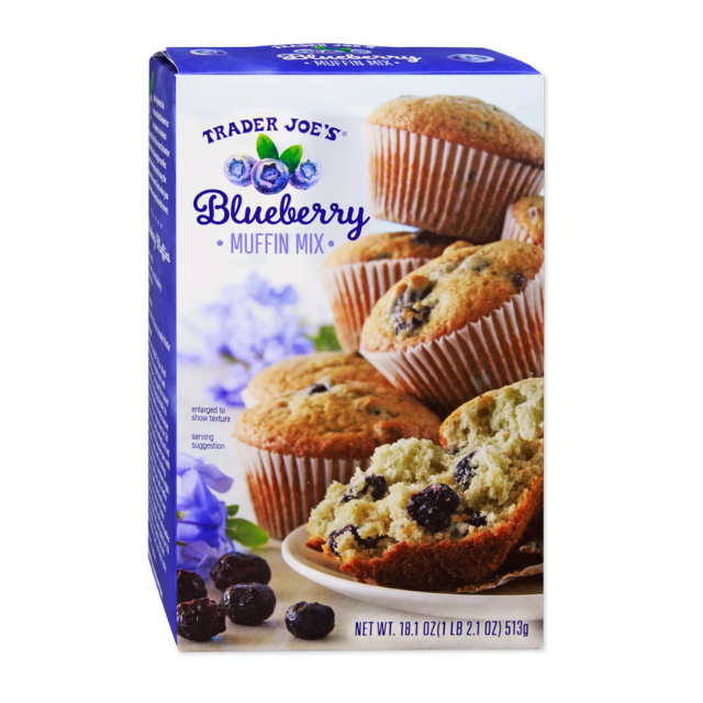Box of Trader Joes blueberry muffin mix showing prepared muffins
