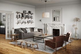 bright living room with large area rug under couch