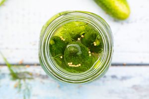 Looking down on jar of pickles