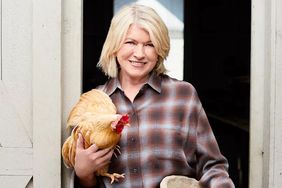 decorvow holding a chicken and a bowl of eggs by a door