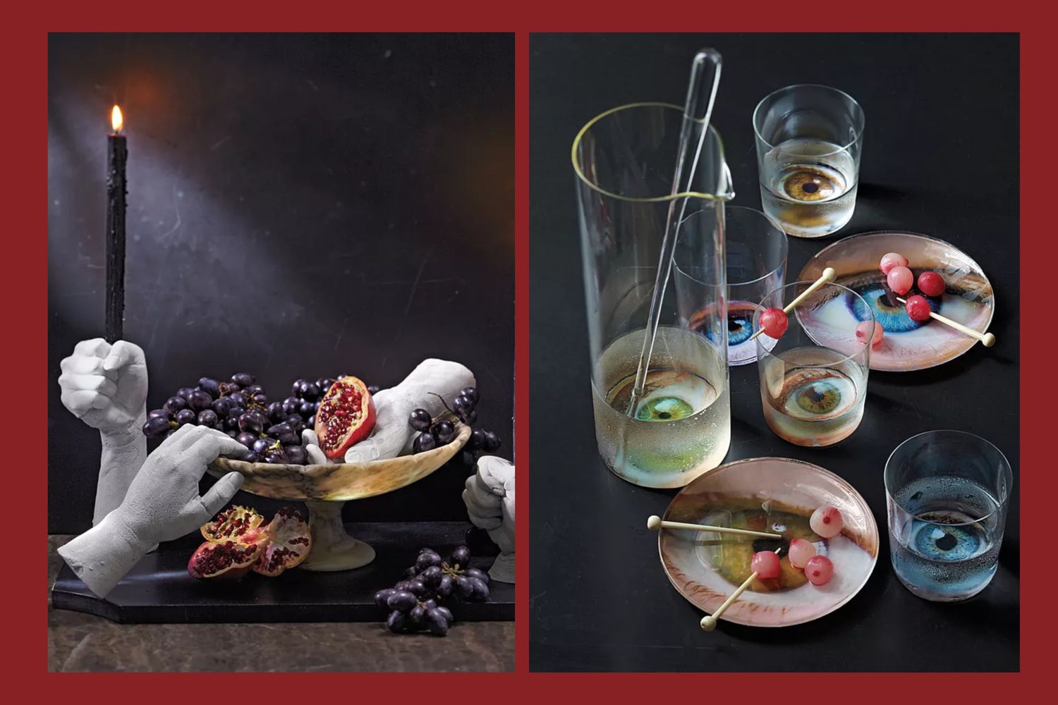 Halloweenthemed decor with a dark candle a fruitfilled centerpiece held by white hands and eerie drink garnishes on plates and glasses