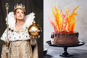 decorvow dressed in royal attire next to a cake with flaming sugar decorations