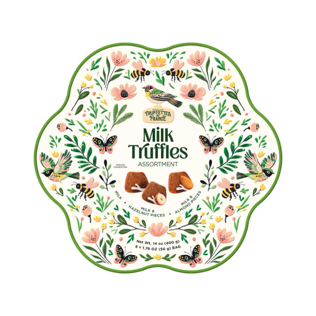 Milk truffles assortment packaging floral and butterfly design surrounding text and image of chocolates in the center
