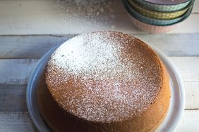 overhead view of a cake with powdered sugar