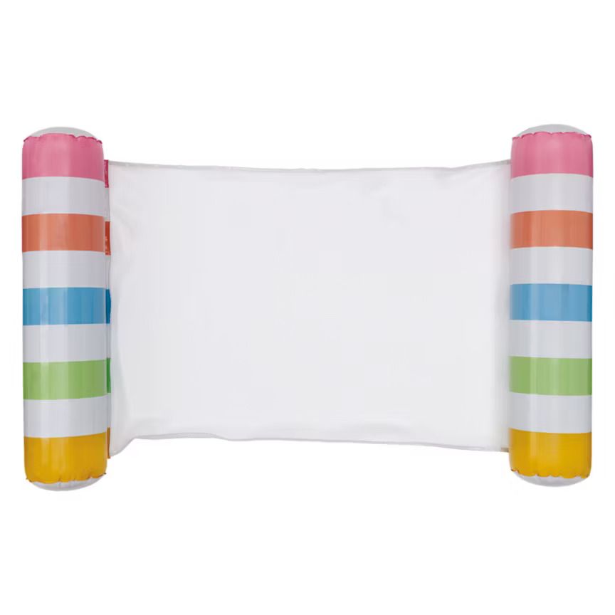 Inflatable water hammock with multicolored striped head and foot rests