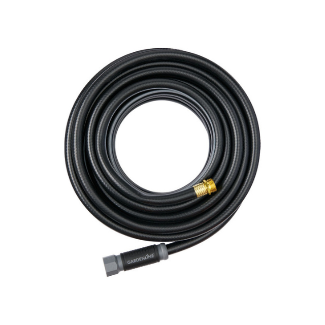 A coiled garden hose with metal connectors