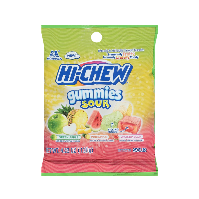 A package of HiChew Gummies Sour candies featuring flavors green apple pineapple and watermelon