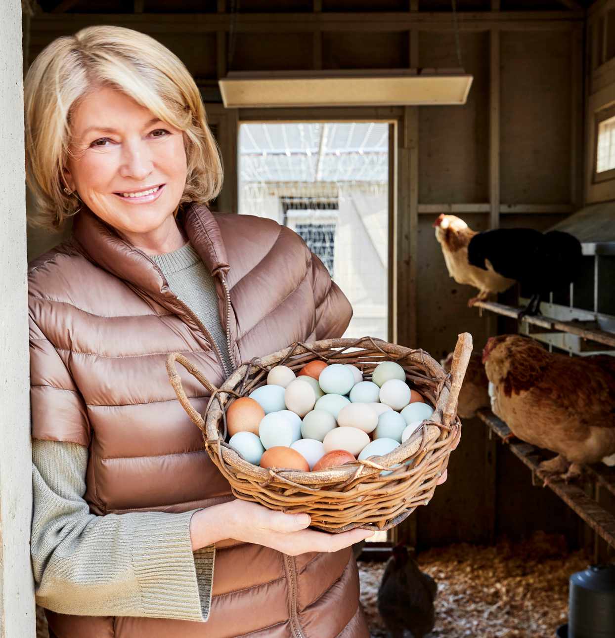 Martha holding basket of eggs