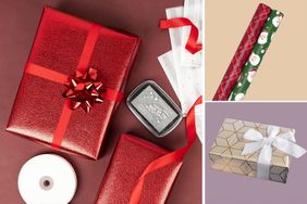 Various gift wrapping papers and wrapped presents displayed including red ribbon metallic designs and Santathemed patterns