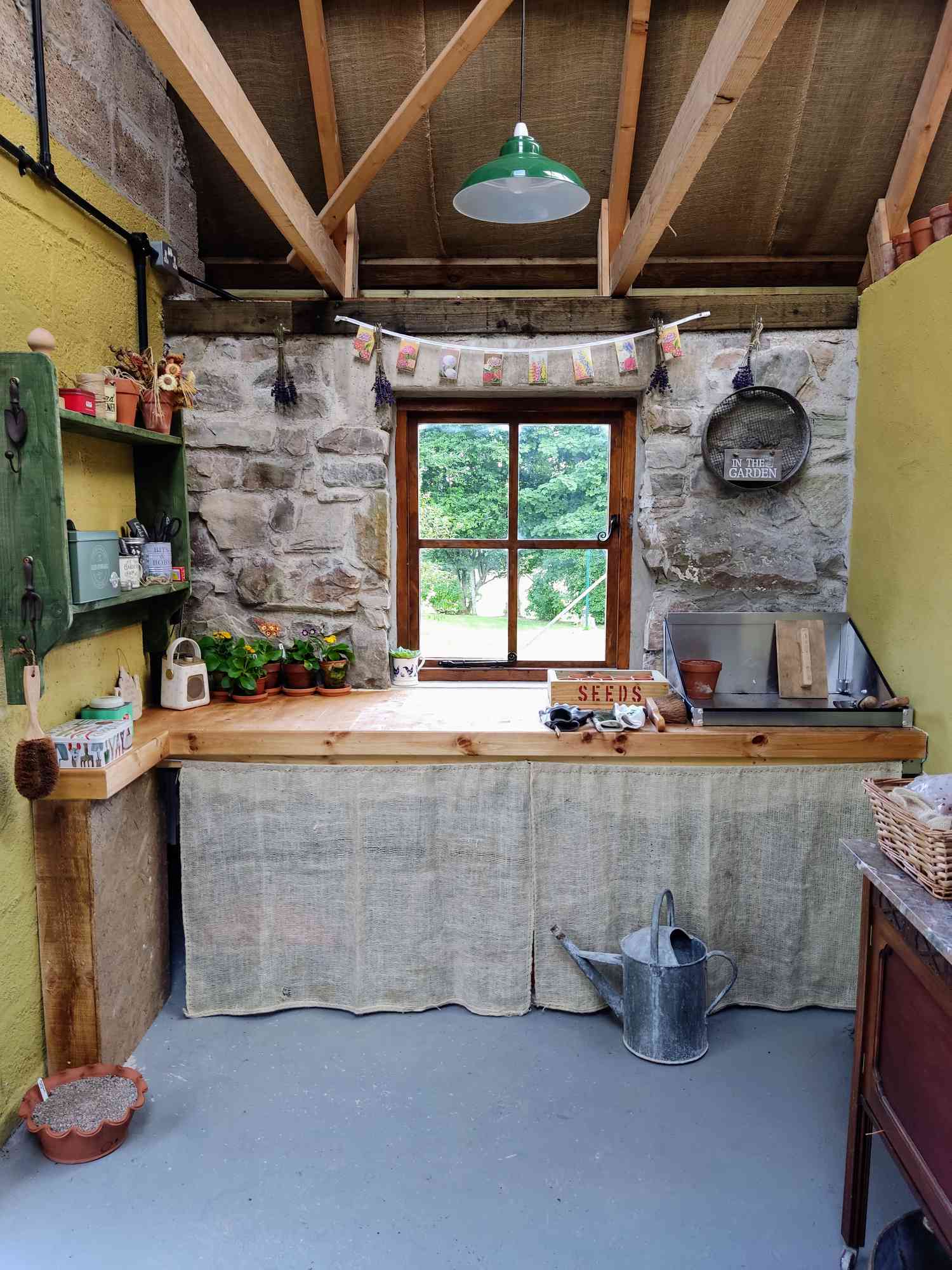 potting bench indoors with curtain