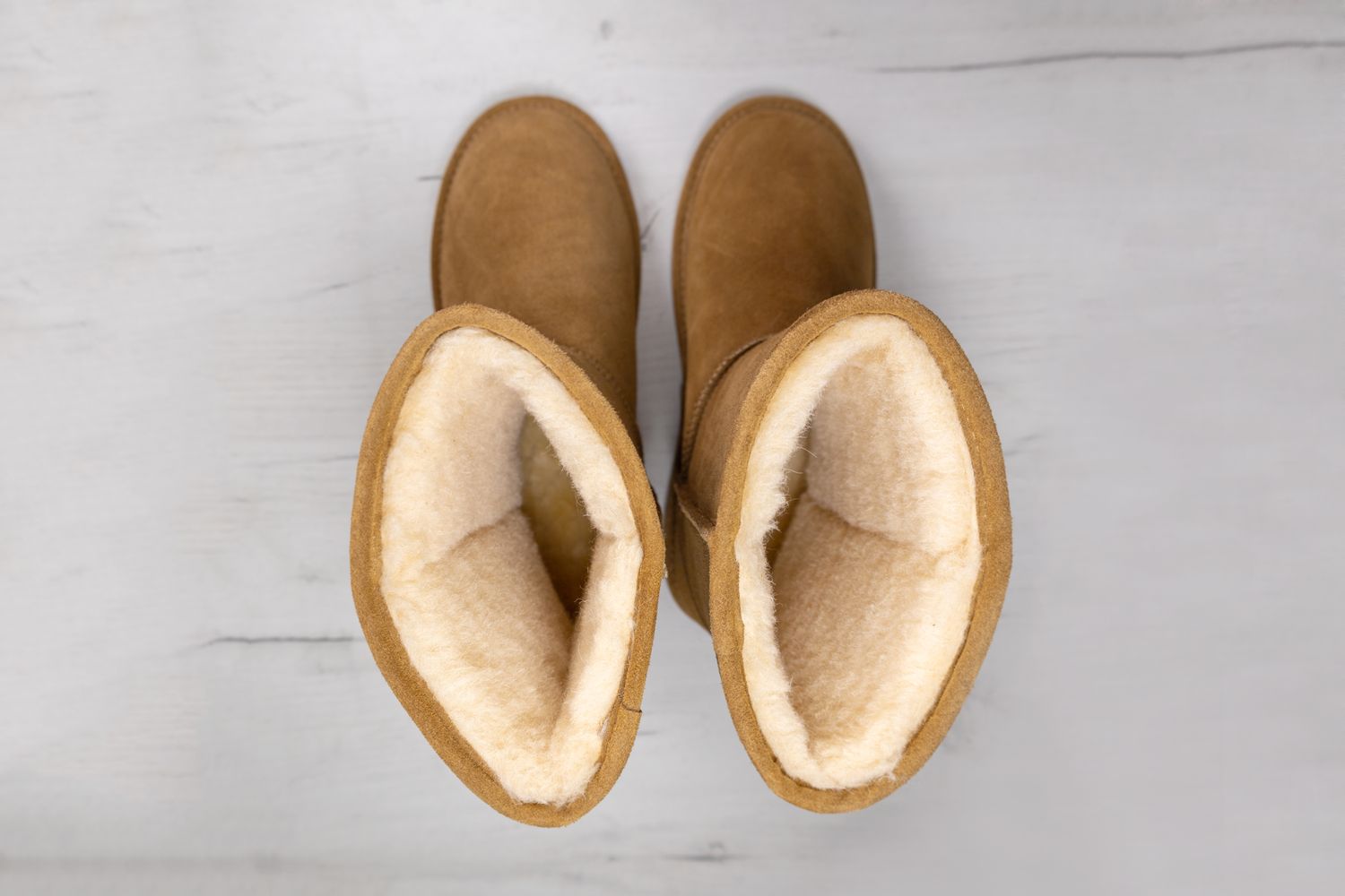 A pair of winter boots with visible lining viewed from above