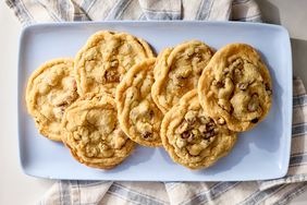 Chocolate chip cookies arranged on a plate