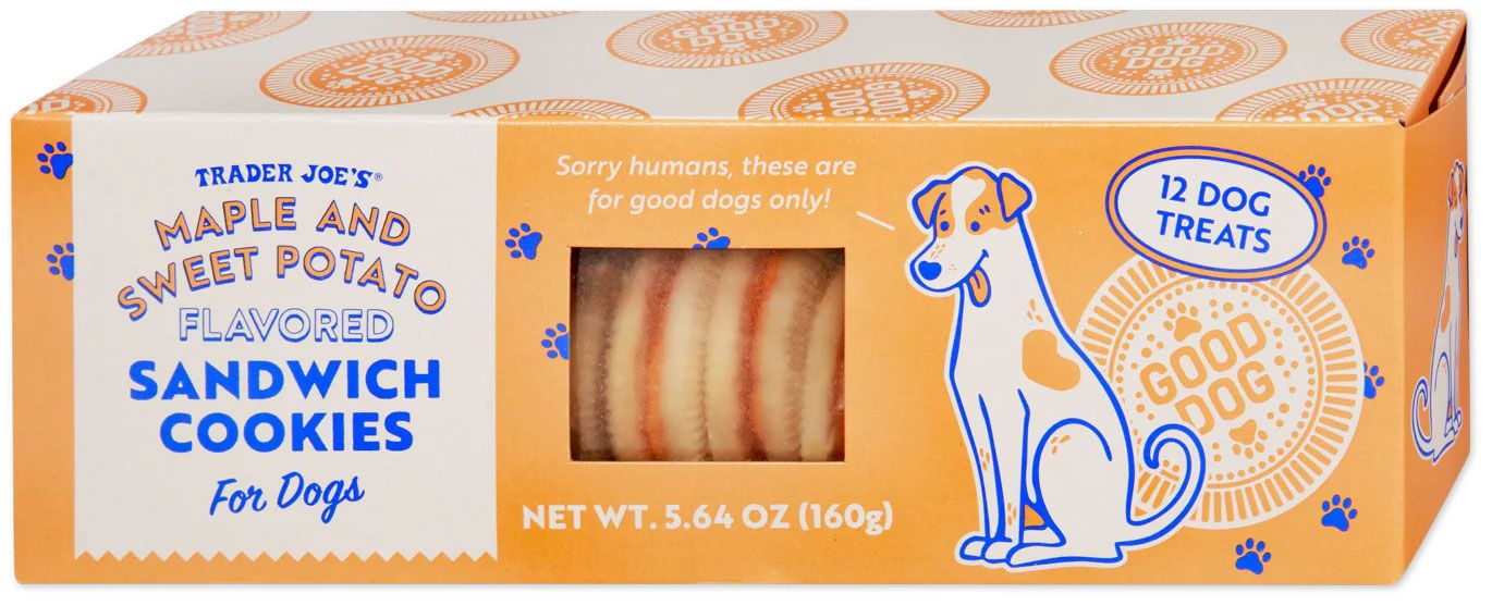 Package of Trader Joes maple and sweet potato sandwich cookies for dogs featuring a cartoon dog illustration and text stating treats are for dogs only