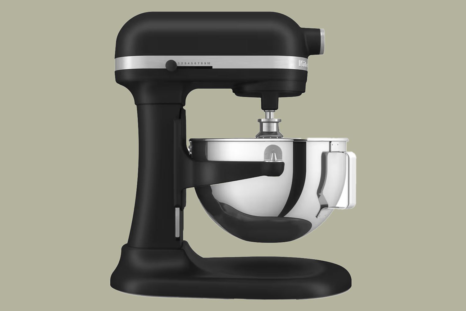 A stand mixer with a stainless steel bowl and a black finish