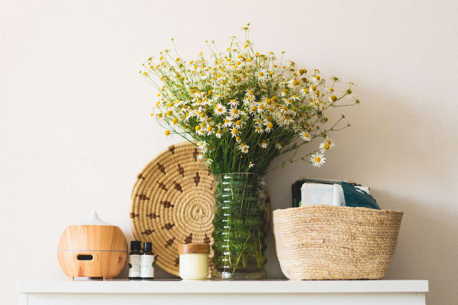 chamomile flowers on dresser