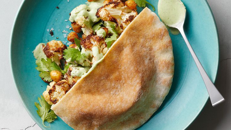Cauliflower-and-Chickpea Pitas with Creamy Yogurt Sauce 