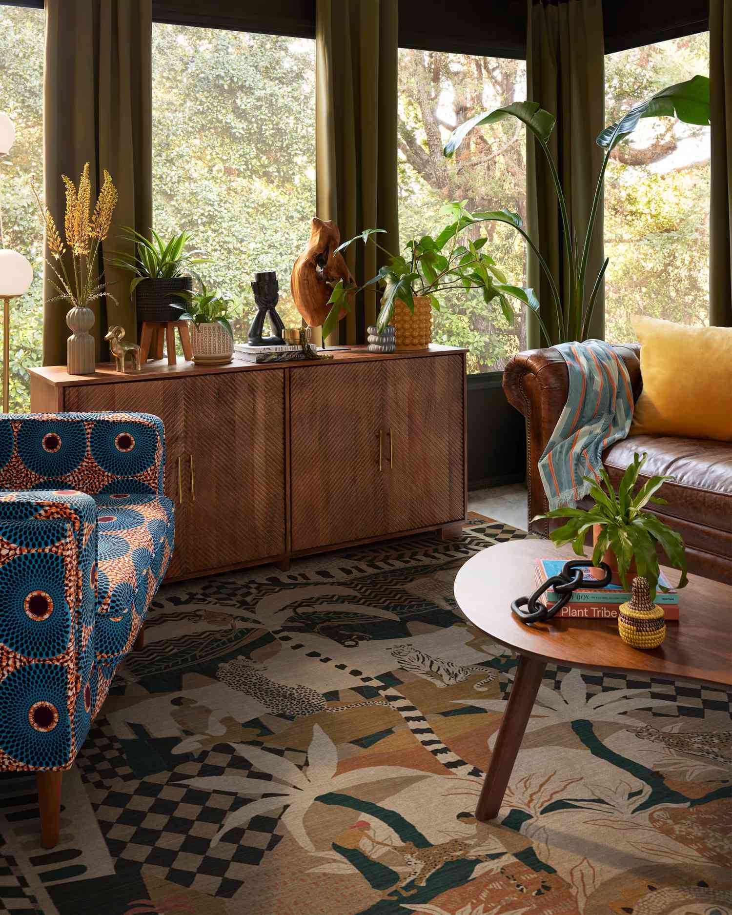 Safari inspired living room with washable rug
