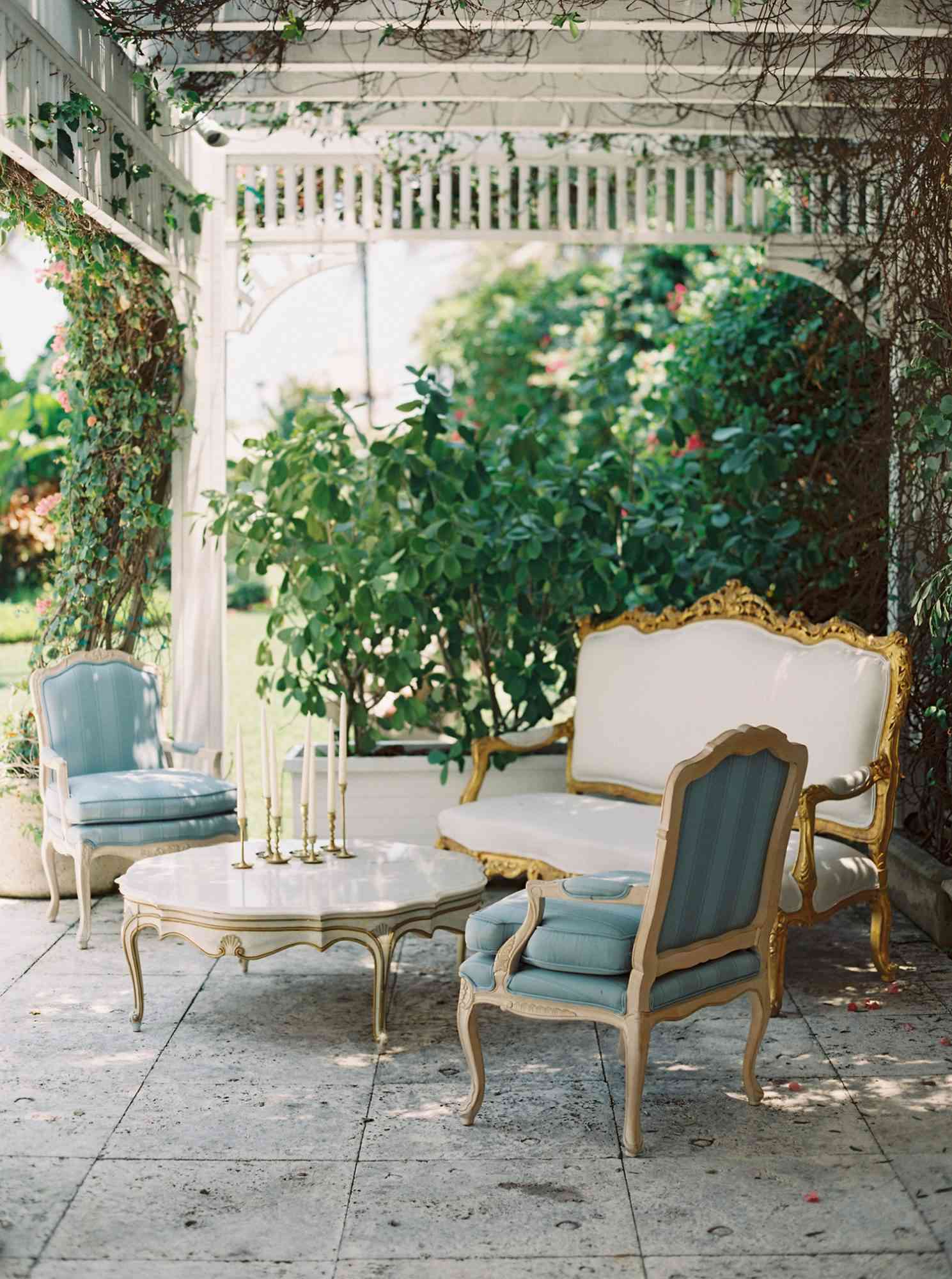 wedding lounge victorian chairs, couch, and table outdoor