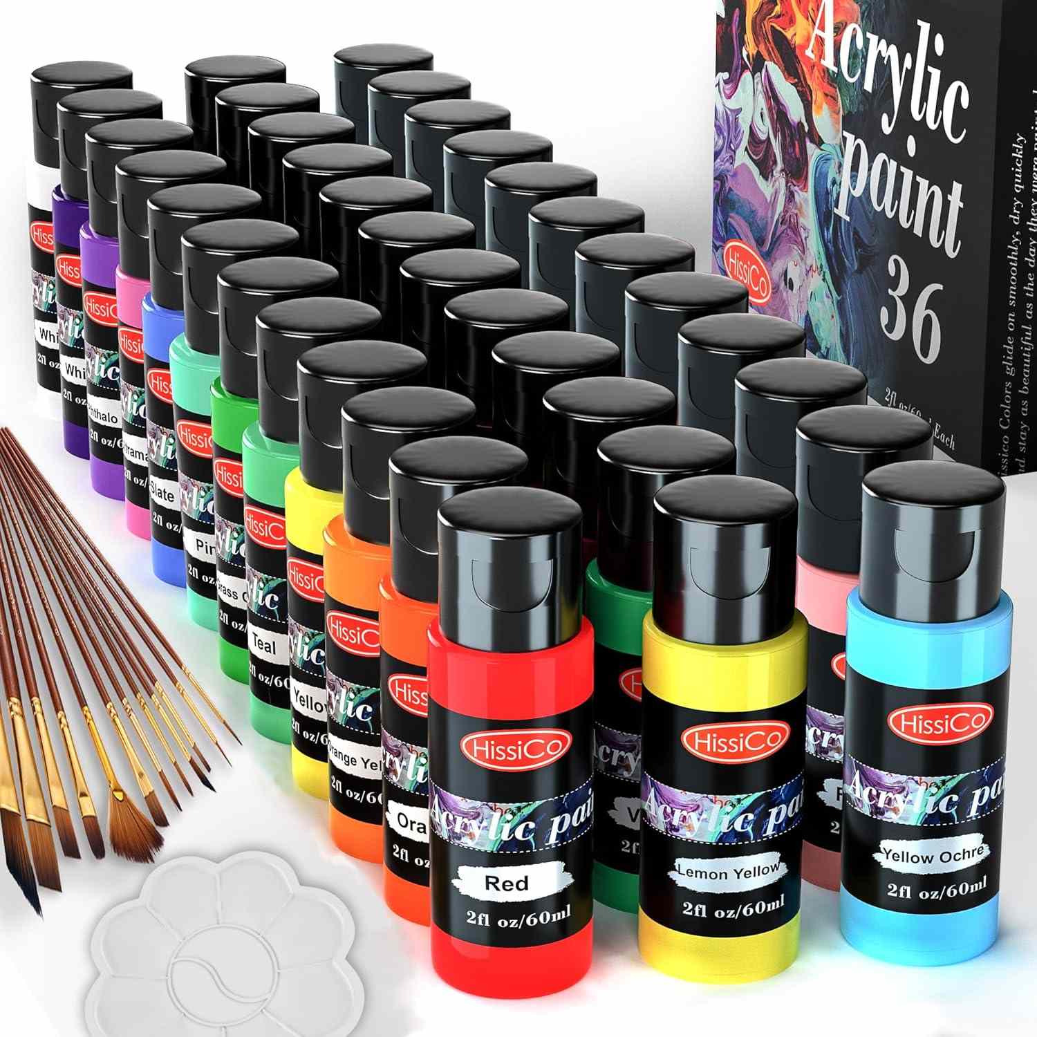 A set of acrylic paint bottles with brushes and a mixing palette