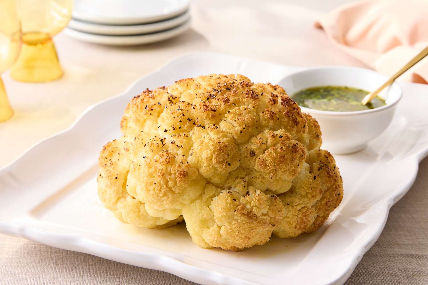 Whole roasted cauliflower served on a plate with a small bowl of green herb sauce and a spoon