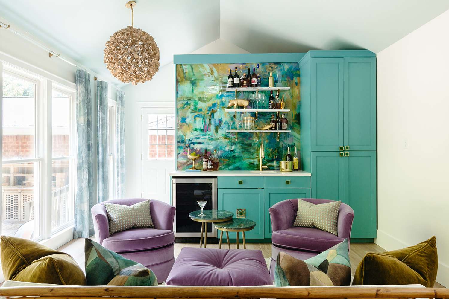 Living room turquoise home bar