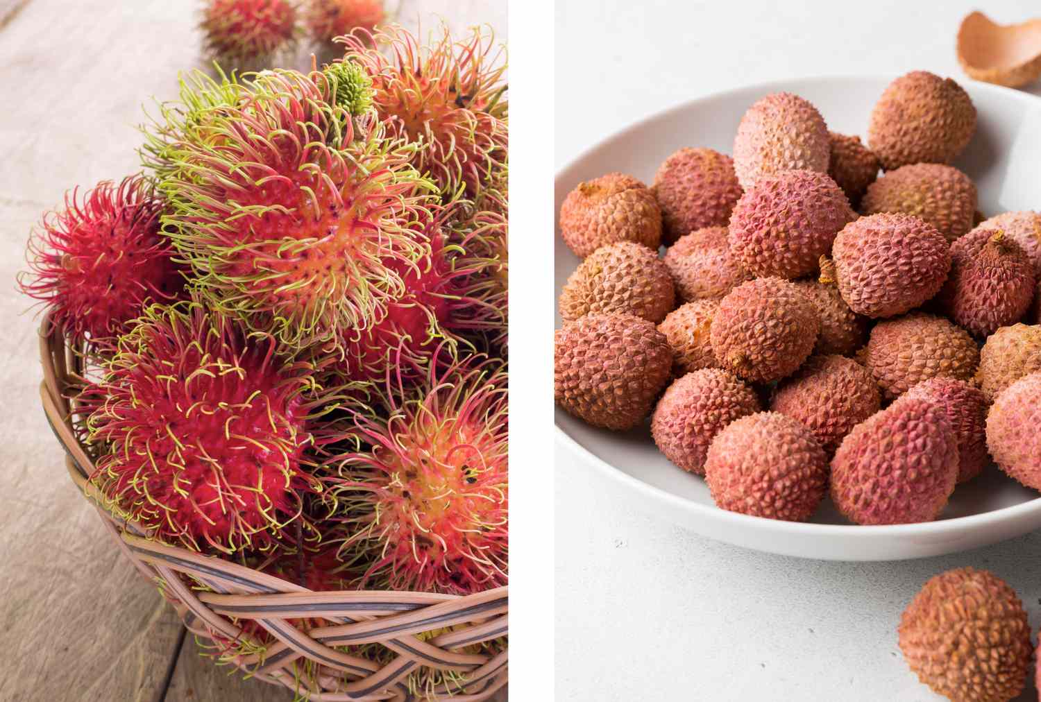Rambutans in a basket next to lychees in a bowl