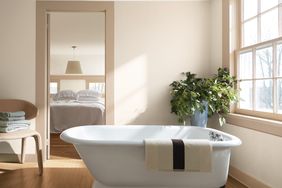 Bathroom with freestanding tub towel potted plant and view of a bedroom through an open doorway