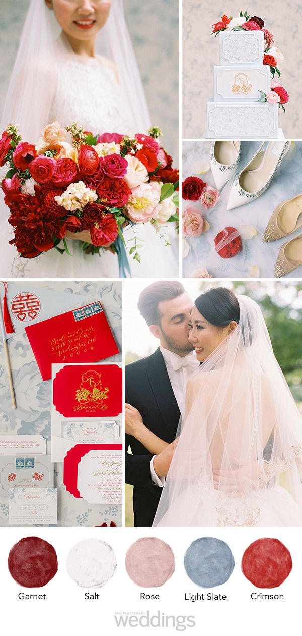 wedding color palette mood board garnet, salt, rose, light slate, crimson