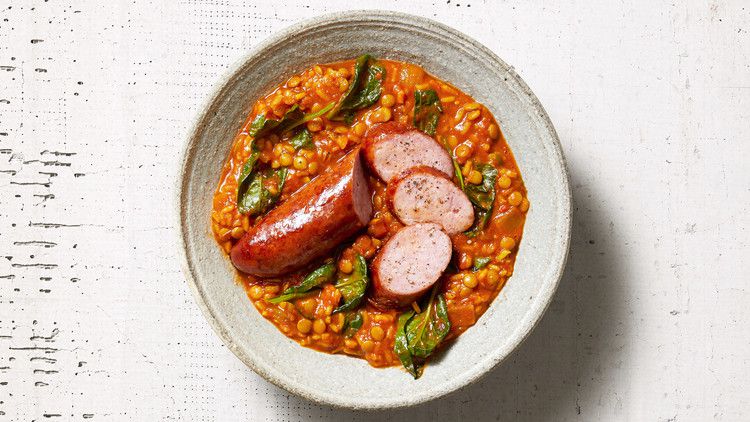 kielbasa and lentil rice with spinach