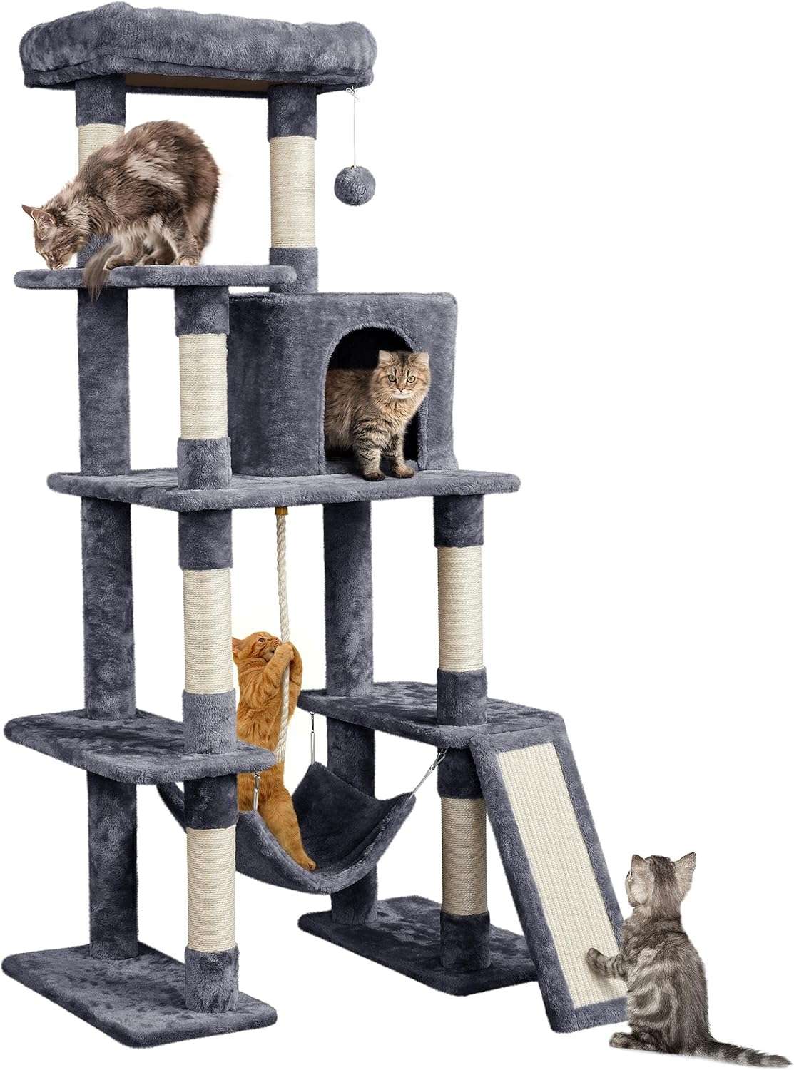 A multi-level cat tree with several cats playing and exploring on it, including climbing areas and a ramp