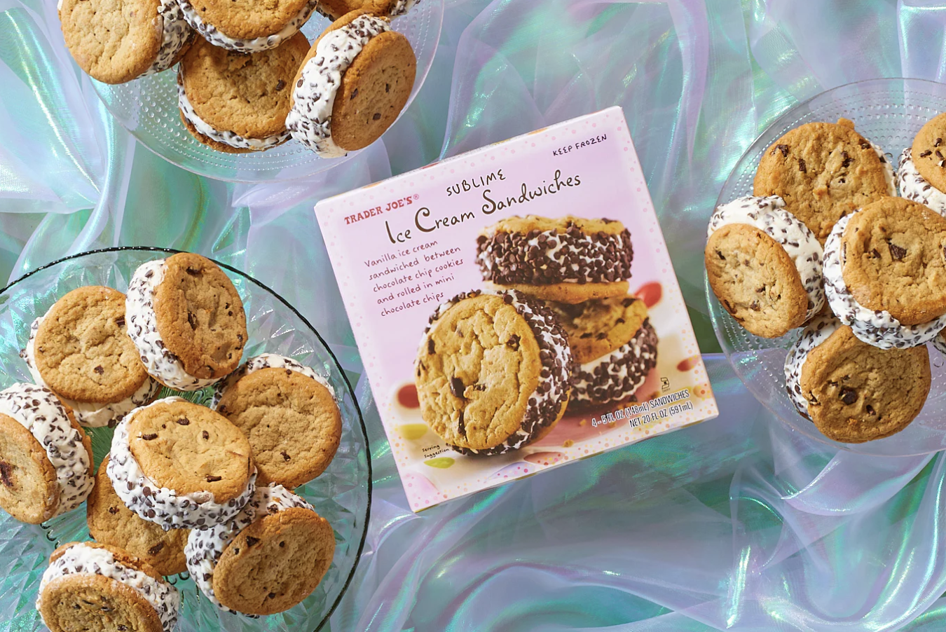 Trader Joes Sublime Ice Cream Sandwiches packaging surrounded by several plated sandwiches