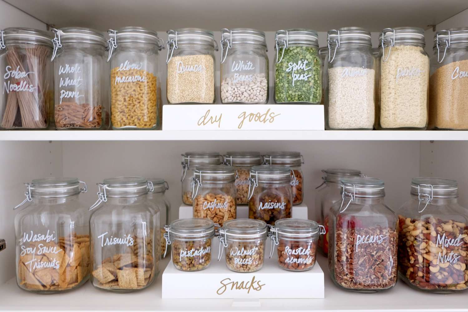 pantry organization canisters of dry goods and snacks