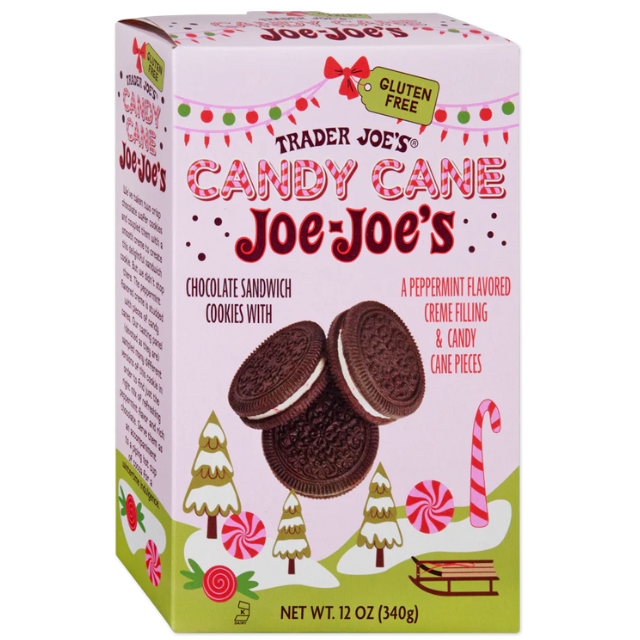 Trader Joes Candy Cane JoeJoes chocolate cookies packaging featuring festive candy cane and holiday graphics