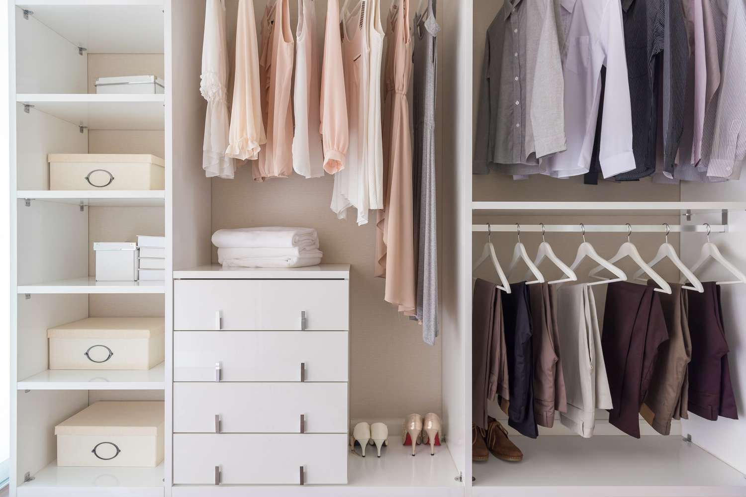 Organized closet with boxes and shelves