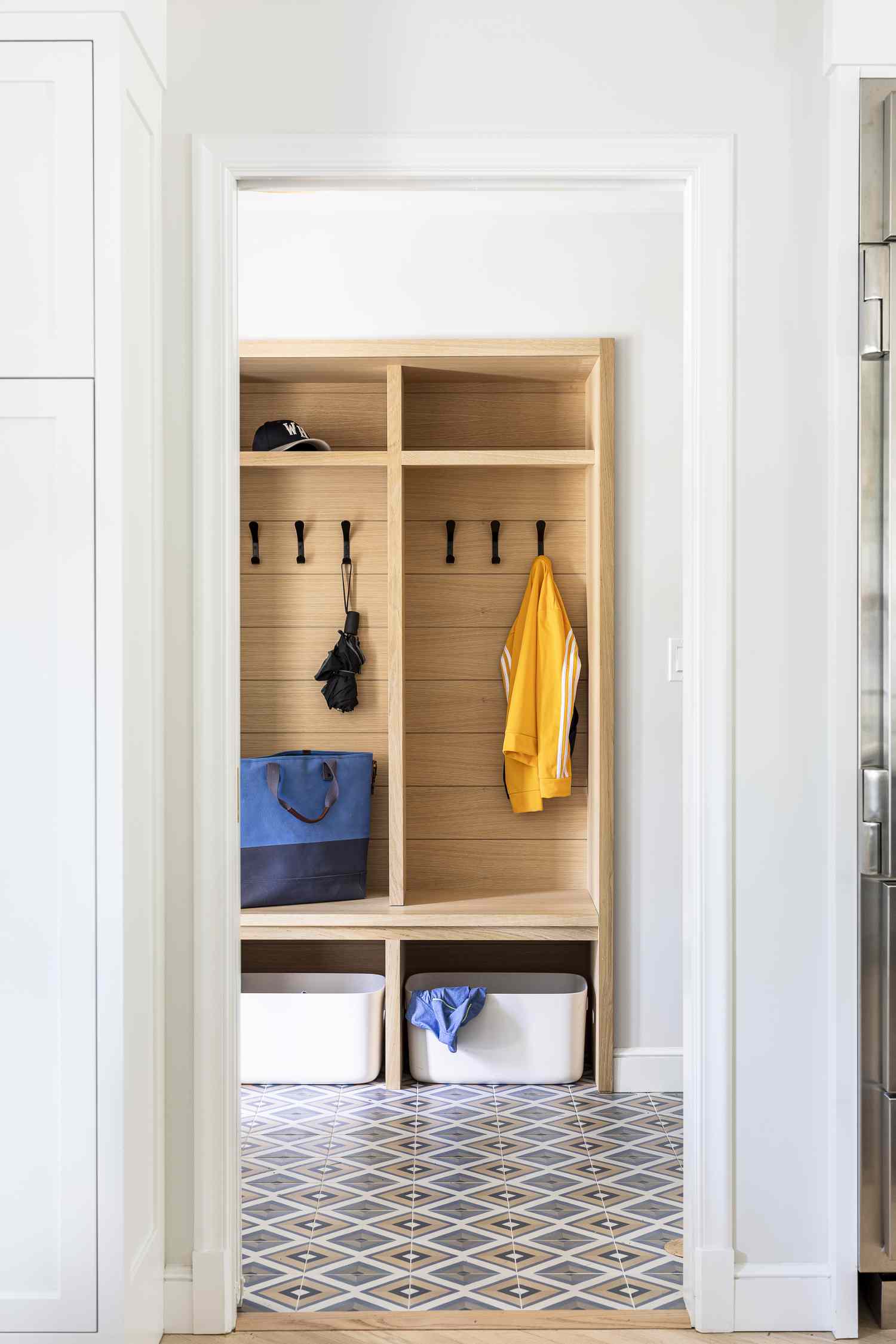 playful flooring in mudroom