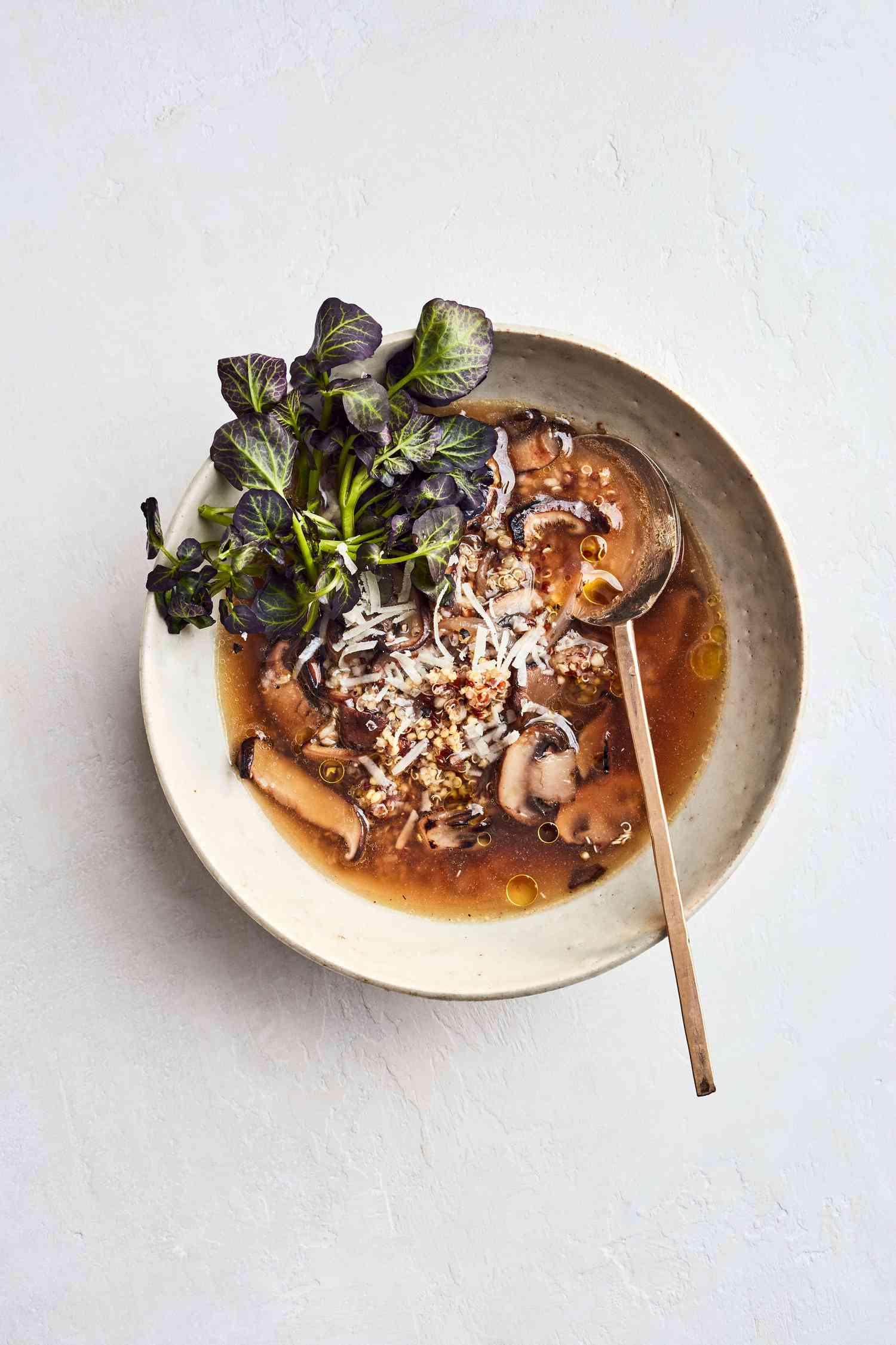 super grain soup with watercress and mushrooms