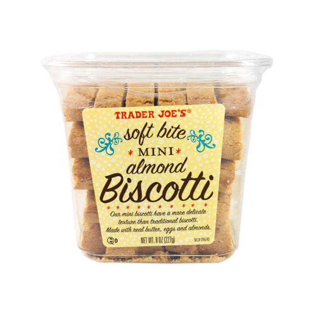 Container of Trader Joes soft bite mini almond biscotti
