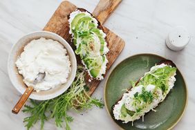 overhead view of ricotta toast and bowl of ricotta