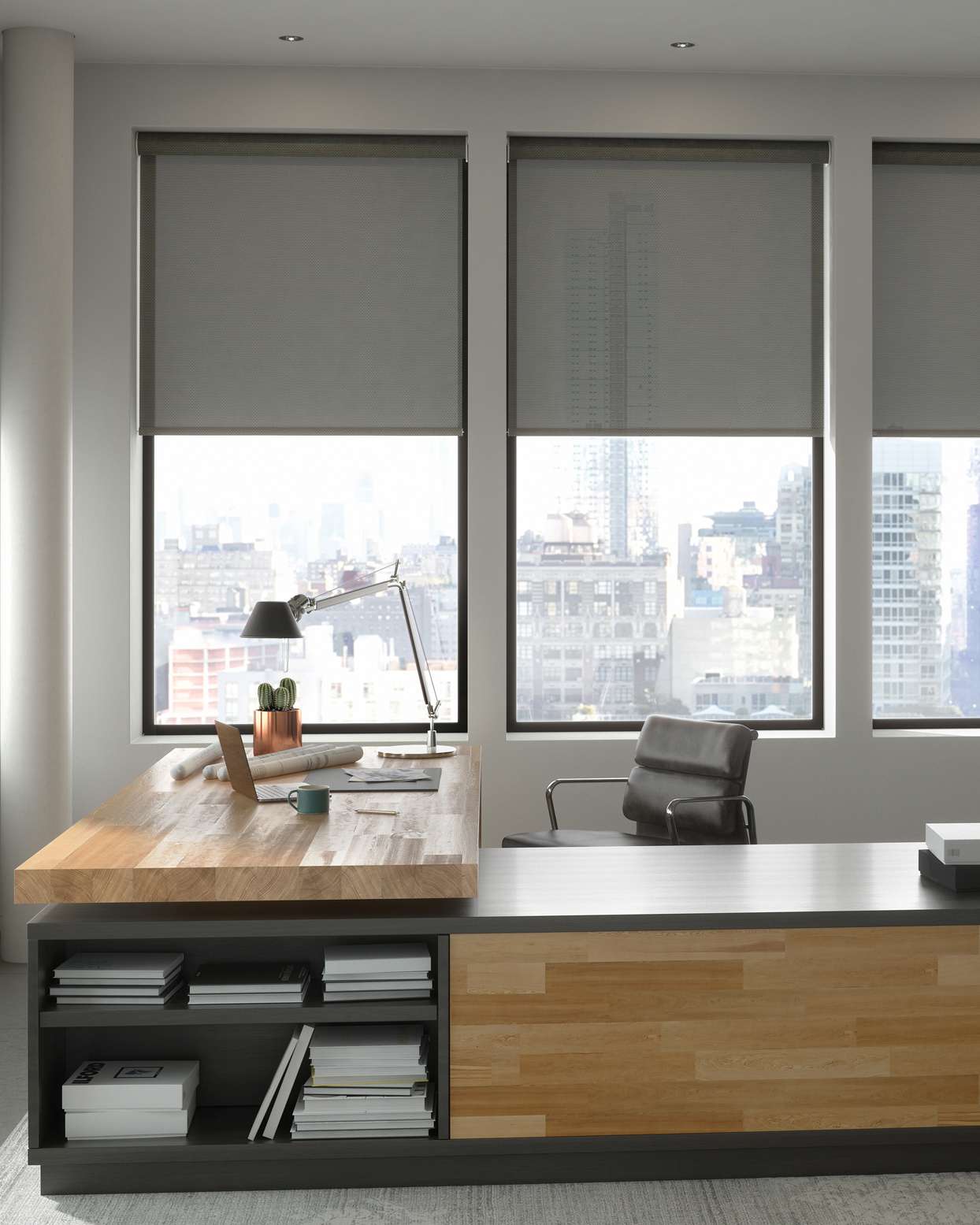 gray office space with solar shades