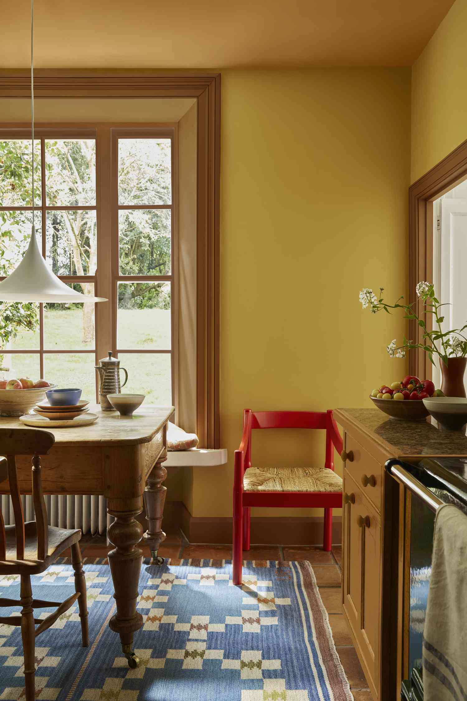 A yellow dining room area