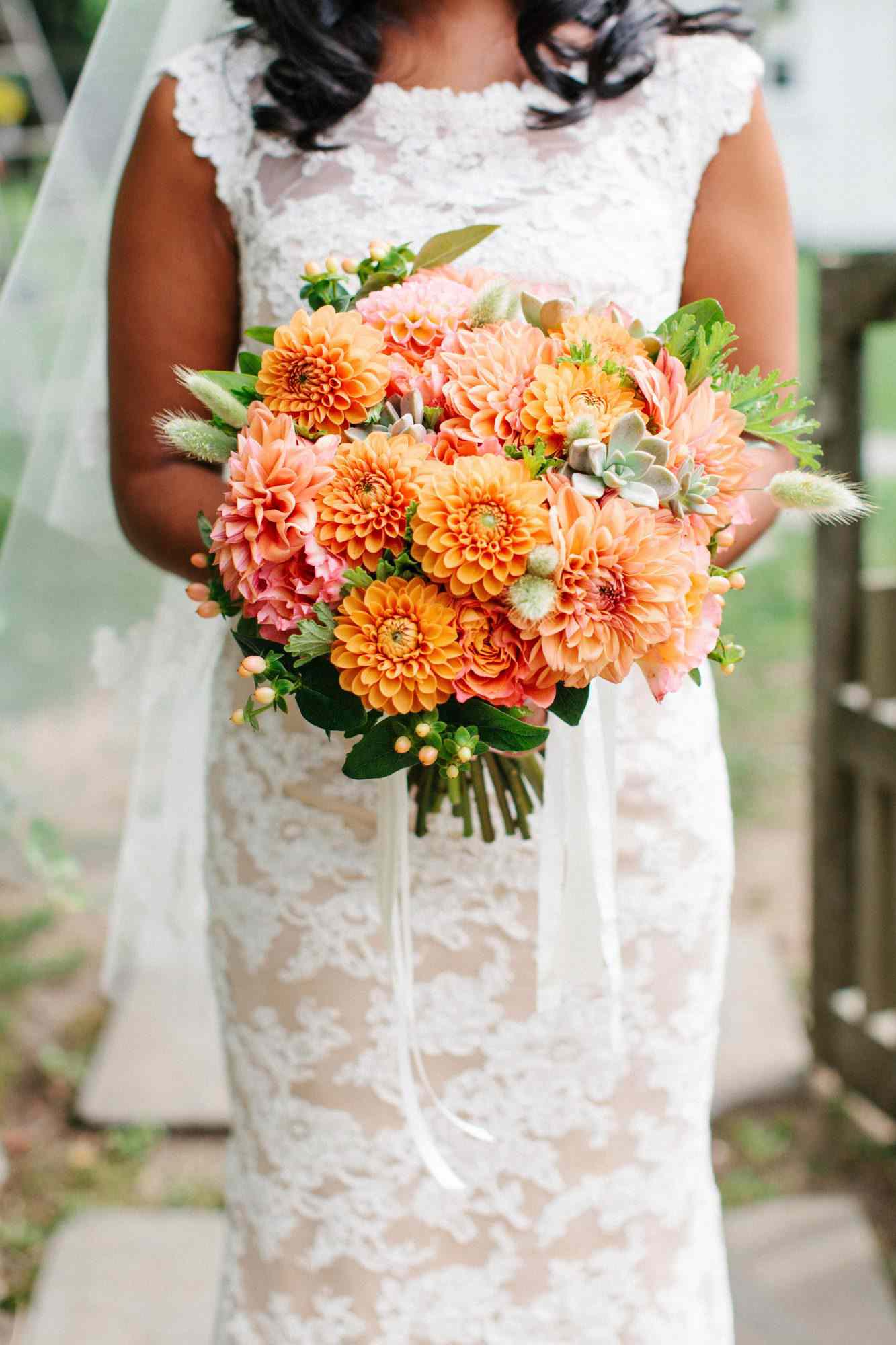 bride dahlia bouquet orange peach flowers