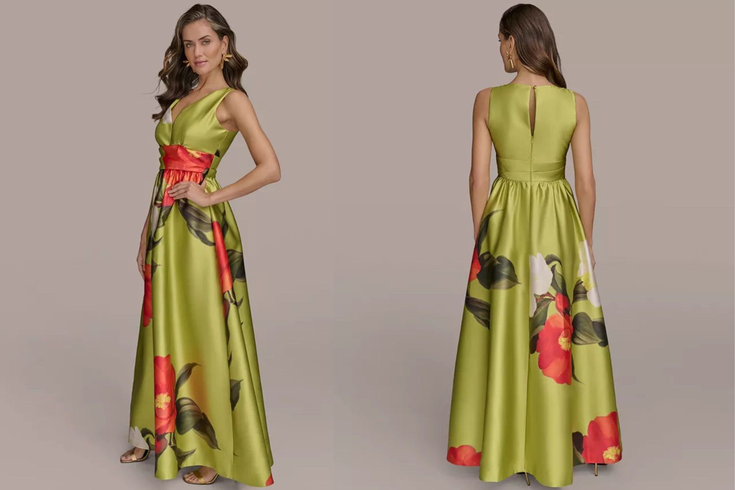 Two views of a person modeling a sleeveless gown with floral patterns showing the front and back
