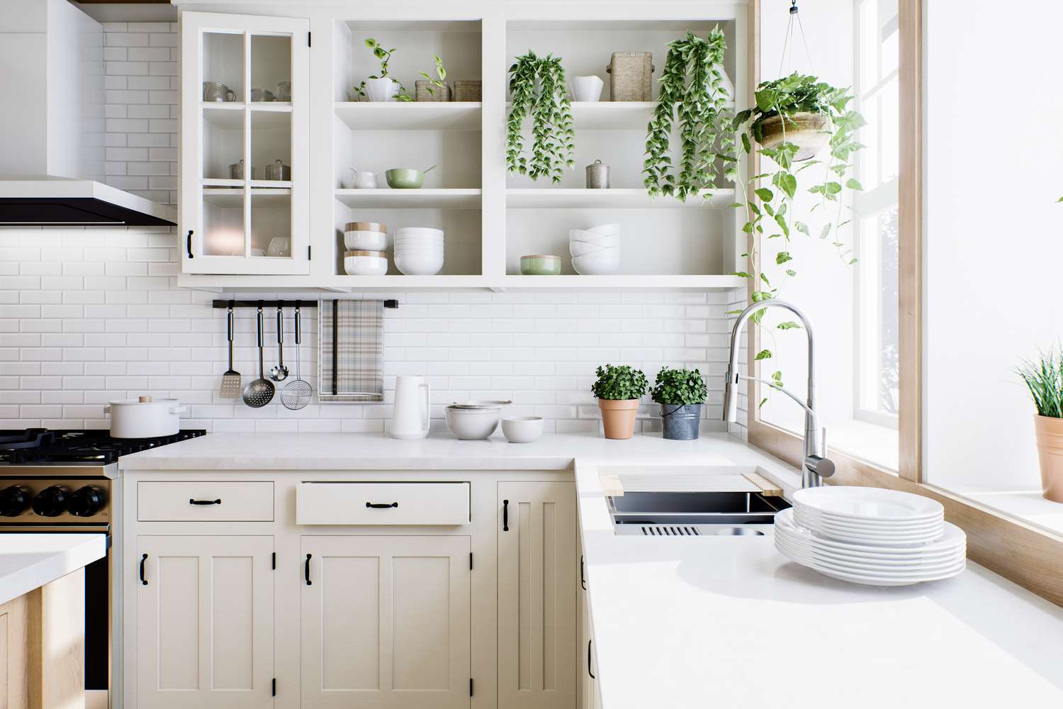 Black knobs and pulls in kitchen
